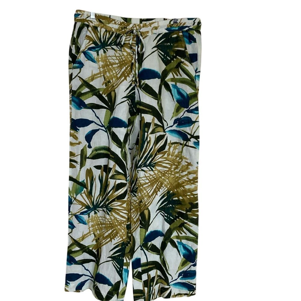 Chicos Elastic Linen Drawstring Leaf Wide Leg Pants Lush Green Size Large NEW